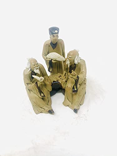 JM BAMBOO Three Asian Mudman Figures - Ceramic- Collectible - Bonsai Fairy Garden