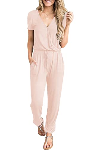 PRETTYGARDEN Women's Summer Casual Deep V Neck Short Sleeve Wrap Drawstring Waist Jumpsuit Romper (Beige,Medium)