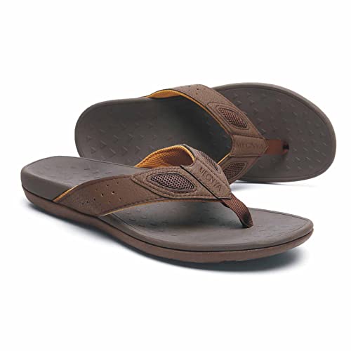 MEGNYA Mens Flip Flop with Orthotic Arch Support Casual Soft Toe-Post Sandal Stress Relief for Plantar Fasciitis Flat Feet Heel Pain Brown Size 8