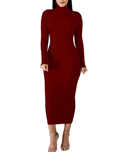 BORIFLORS Women's Sexy Basic Long Sleeve Turtleneck Bodycon Party Long Pencil Dress,Medium,Wine Red