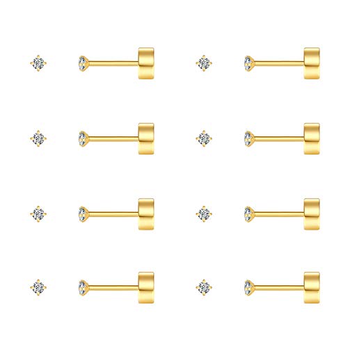 FOSIR 8 Pairs Tiny Stainless Steel Stud Earrings Set for Women Men Cubic Zirconia Flat Back Earrings Hypoallergenic Cartilage Piercing Jewelry (14K Gold, 2mm CZ)