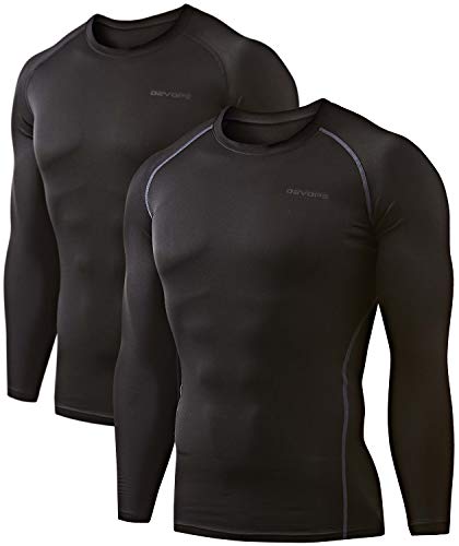 DEVOPS 2 Pack Men's Thermal Long Sleeve Compression Shirts (Large, Black/Black)