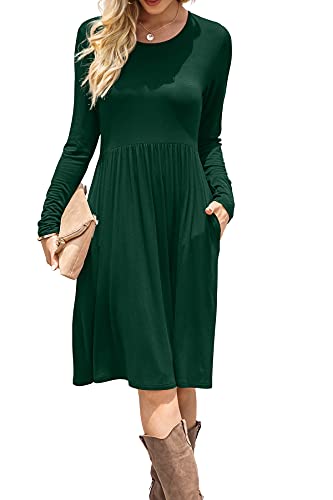 DB MOON Women Casual Long Sleeve Dresses Knee Length Loose Dark Green Dress with Pockets XL