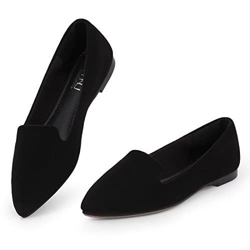 MUSSHOE Flat Shoes Women Pointed Toe Comfortable Slip on Women's Flats, Black Suede 9