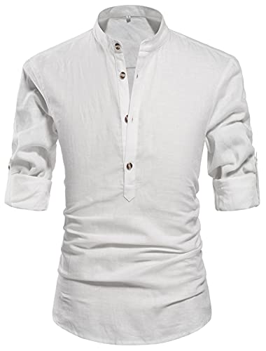 NITAGUT Men Henley Neck Long Sleeve Daily Look Linen Shirts Casual Beach T Shirts White-US XL