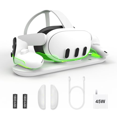 BINBOK VR Charging Dock for Meta Quest 3, for vr Oculus Quest 3 Charging Dock with 45W Adapter Fast Charging Quest 3 and 2 Rechargeable Batteries, support charging Elite Strap with Battery