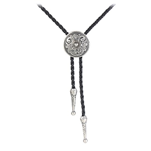 GelConnie Bolo Tie for Men Women Western Cowboy Necklace Mens Bolo Tie Silver Flower Rodeo Leather Necktie Bolo Necklace