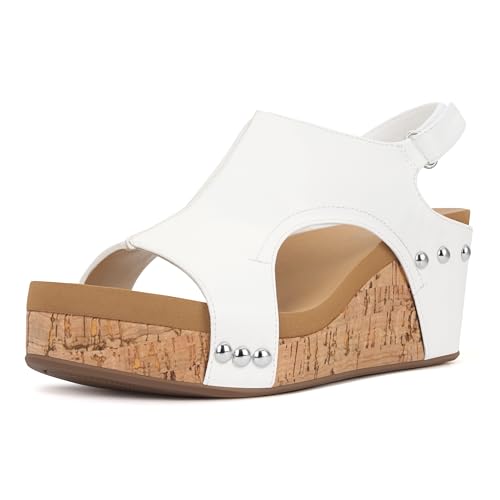 PARTY Women's Wedge Sandals With Buckle Ankle Strap for Dressy Summer, Kally-White PU-9