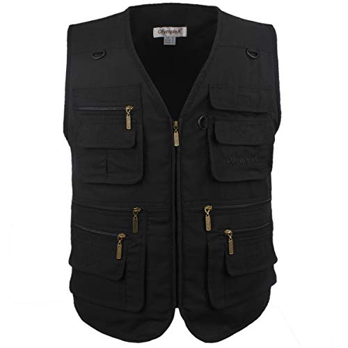 LUSI MADAM Men's Stone Washed Denim Multi-pocketed Fishing Work Outerwear Vest Medium Pure Black