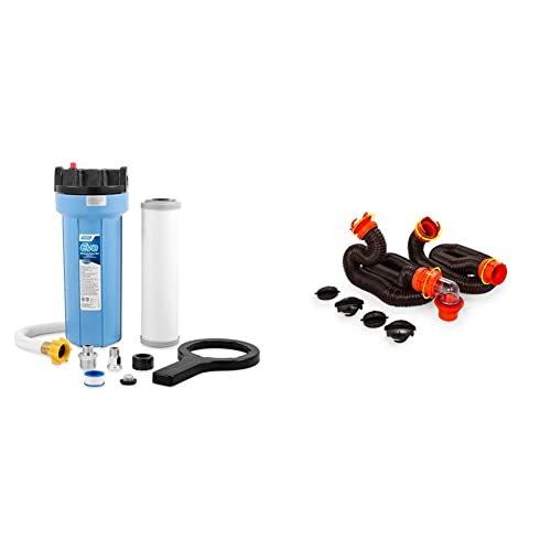 Camco Evo RV Water Filter | Features Granulated Activated Carbon & 20' (39742) RhinoFLEX 20-Foot RV Sewer Hose Kit, Swivel Transparent Elbow, Black, Brown