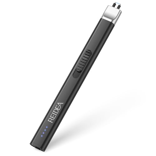 REIDEA Electric Lighter Candle Lighter, Windproof Flameless USB Rechargeable Arc Retractable Lighter with Safe Button and Power Indicator for Candle, BBQ and Fireworks, R1 Flat, Obsidian Black