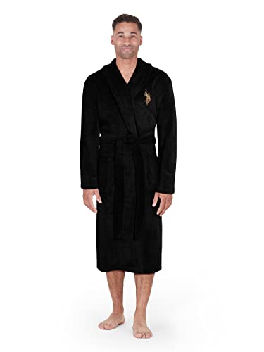 U.S. Polo Assn. Mens Bathrobe Plush Fleece Robe with Shawl Collar, Size SmallMedium, Black