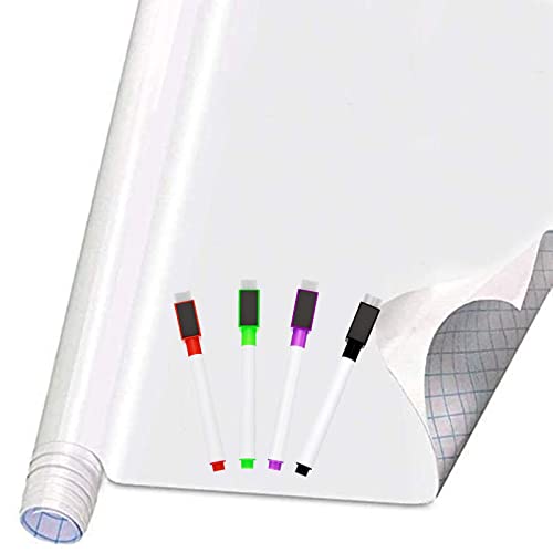 Self Adhesive White Board Paper - Dry Erase Wall Stickers Roll 17.7' x 78.7' (6.5 Feet) Message Board Wallpaper Decal for School/Office/Home/Kid/Art/Decoration, Safe for Adults & Kids with 4 Markers