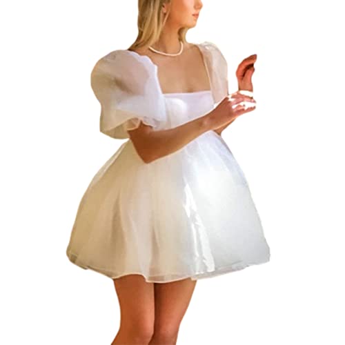 Women Puff Sleeve Tulle Princess Dress Square Neck Bubble Sleeve Mini Dress Mesh Ruffle Party Prom Dress (B White,Small)