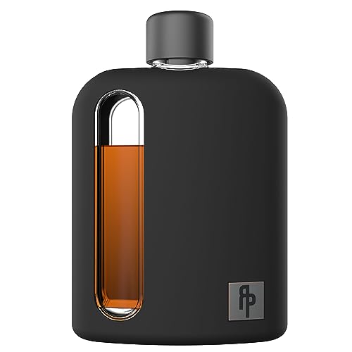 Ragproper Modern Glass Hip Flask - Durable Liquor Flask for Spirits with Cork and Silicone Lid Liners, Metal and Sneaky Plastic Lids, Smooth Pour Funnel, Silicone Sleeve, Double Shot 240ml