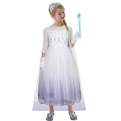 AMNPOLEN Kids Snow Princess Costume Dress Outfit with Accessories Little Girls Halloween Cosplay Ball Gown Dress up Suit (140 (9-10 years), White)