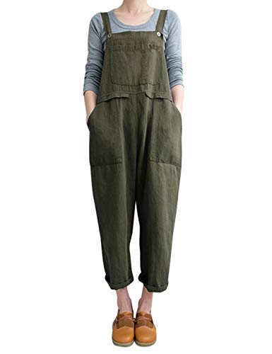 Gihuo Women's Fashion Baggy Loose Linen Overalls Jumpsuit Oversized Casual Sleeveless Rompers with Pockets (Army Green, Large)