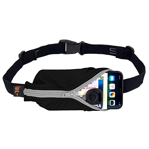 SPIbelt Large Pocket Running Belt for Women Men, Phone Holder for Running, Running Fanny Pack, Holder for Phone, Running Waist Pack, Expandable, Adjustable. Black with Anthracite Zipper