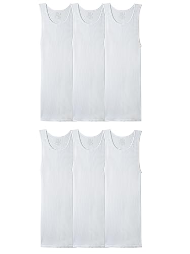 Fruit of the Loom Men's Sleeveless Tank A-Shirt, Tag Free & Moisture Wicking, Ribbed Stretch Fabric, 6 Pack-White, Large