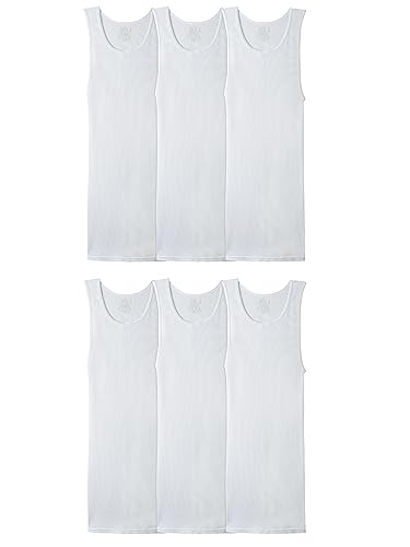 Fruit of the Loom Men's Sleeveless Tank A-Shirt, Tag Free & Moisture Wicking, Ribbed Stretch Fabric, 6 Pack-White, Large