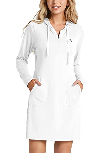 BALEAF Women's Long Sleeve Zip Beach Coverup SPF Sun Hooded Cover Up Shirt Dress with Pockets White S