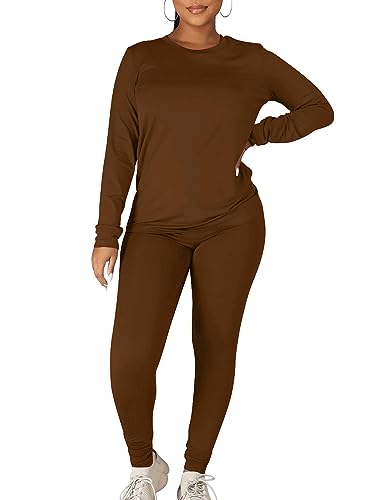 Kaximil Women's Workout Tracksuit 2 Piece Outfits Long Sleeve Top Legging Jogger Pants Set, Large, Coffee