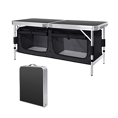 Moosinily 4 Feet Folding Table Aluminum Portable Camping Table Adjustable Picnic Table with Oxford Storage Organizers for Outdoor Travel Beach Backyards BBQ Party Picnic Black