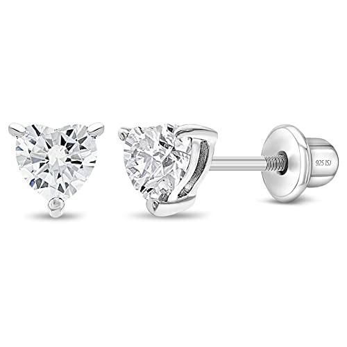 925 Sterling Silver 5mm Toddlers Simulated Diamond Heart Shape Cubic Zirconia Stud Earrings With Safety Screw Back Locking - Timeless and Classic Earring Set for Young Girls