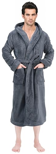 NY Threads Mens Hooded Fleece Bathrobe Plush Long Spa Robe, Large-X-Large, Grey