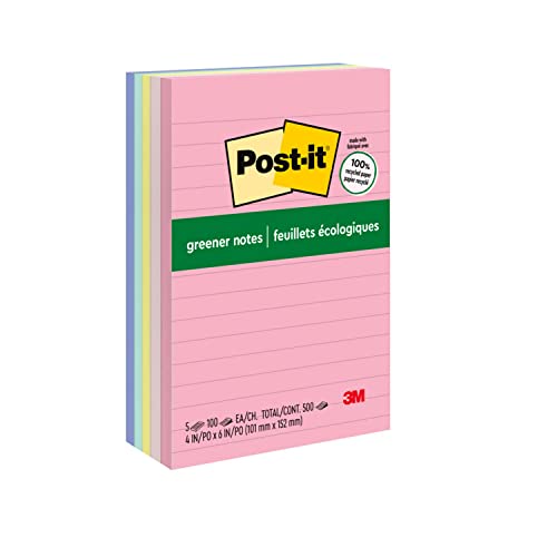 Post-it Greener Notes, 4x6 in, 5 Pads, America's #1 Favorite Sticky Notes, Sweet Sprinkles Collection, Pastel Colors, Clean Removal, 100% Recycled Material (660-RP-A)