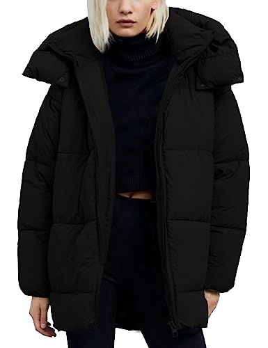 Flygo Womens Hooded Quilted Puffer Jacket Mid-Length Padded Warm Winter Heavyweight Coat Outerwear(Black-M)