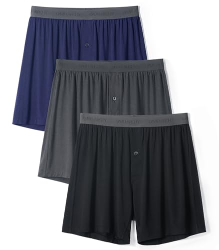 DAVID ARCHY Mens Underwear Bamboo Rayon Boxers for Men Breathable and Cool Men's Boxer Shorts with Button Fly 3 Pack (S,Navy Blue/Black/Dark Gray)