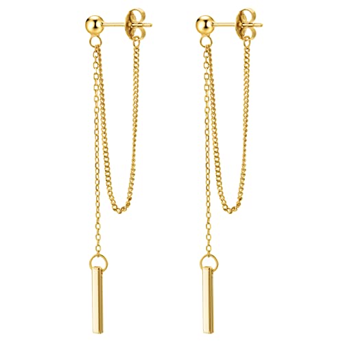 Dainty 18K Gold Plated Chain Earrings for Women - Long Threader Earring with Hypoallergenic Bar Drop Dangle Design, Elegant Line Dangly Jewelry Gift for Teen Girls