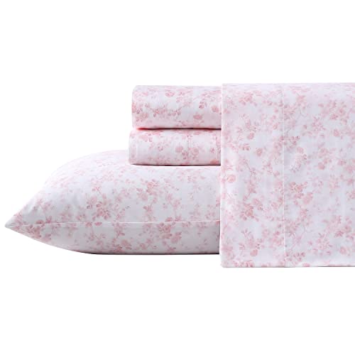 Laura Ashley Home Queen Sheet Set, Soft Sateen Cotton Bedding Set - Sleek, Smooth, & Breathable,Bella Pink