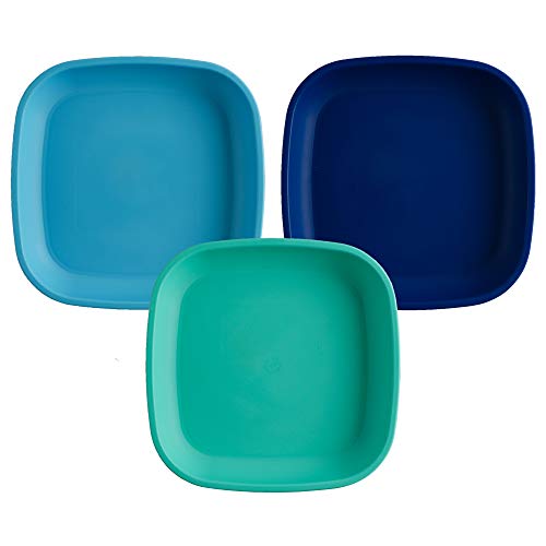 Re Play Made in USA 3pk - 7.37' Plates with Deep Sides for Easy Baby, Toddler, Child Feeding - Sky Blue, Aqua, Navy Blue (True Blue Collection) Eco Friendly Heavyweight Recycled Polypropylene