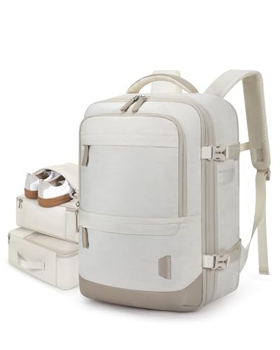 BAGSMART Travel Laptop Backpack, 40L Expandable Carry On Backpack with Packing Cubes, Water Resistant Weekender Backpack Fits 17 Inch laptop, Large Overnight Luggage Daypack with Shoe Bag,Beige