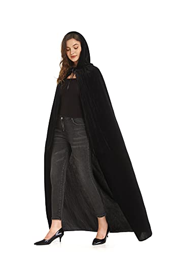 Diffly 59' Velvet Hooded Cape Unisex Halloween Cloak for Devil Witch Wizard Halloween Christmas Cosplay (Black)