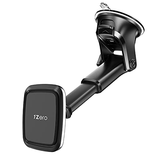 1Zero Magnetic Phone Car Mount with Quick Extension Telescopic Arm, Hands-Free Windshield Dashboard Cell Phone Holder for Car Compatible with iPhone Smartphone, Sticky Suction Cup, 6 Strong Magnets