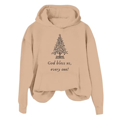 today show deals of the day Jesus Hoodie Sweatshirt for Women God Bless Us Every One Long Sleeve Christmas Tree Printed Hooded (A-Khaki, S)