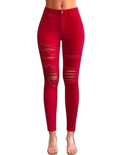 roswear Women's Essentials Ripped Mid Rise Destroyed Skinny Jeans Red X-Large