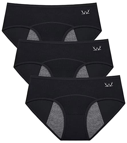 TANSTC Period Underwear for Women Heavy Flow Panties Menstrual Hipster Panty for Female Teens Girls Cotton 3PCS,M Black