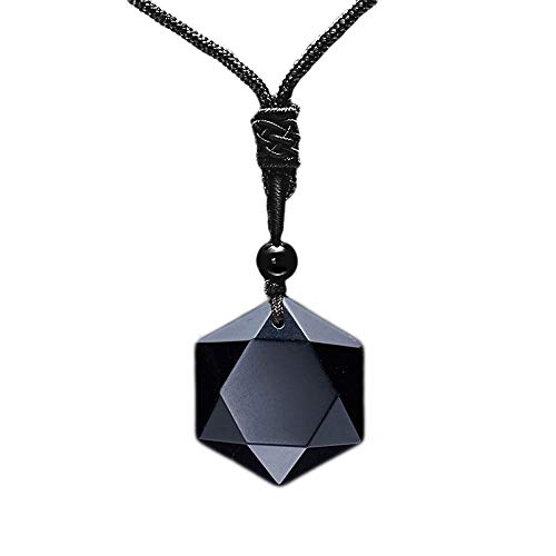 MENGLINA Black Obsidian Hexagram Natural Stone Necklace Translucent Ice Obsidian Wolf Tooth Amulet His and Hers Couples Necklace Lucky Love Pendant Necklace for Men Women