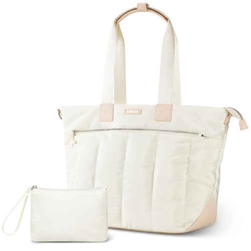 LYAUK Tote Bag with Women, Puffer Tote Bag with Laptop Compartment, Laptop Tote Bag for Women with Zipper, Large Tote Bag Purse Shoulder Bag for Travel Work Gym Overnights Weekend Trips, Beige