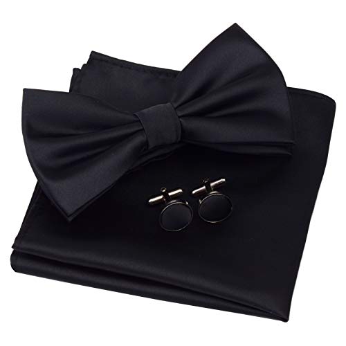 GUSLESON Mens Plain Color Black Pre-tied Bow Tie and Pocket Square Cufflink Set for Wedding (0570-07)