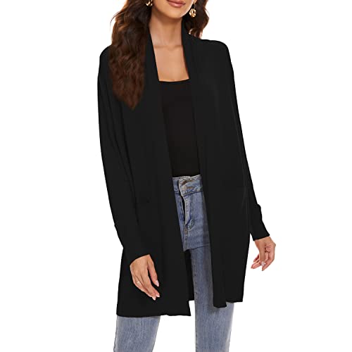 Huuloo Women's Open Front Long Shawl Cardigan Sweater with Pockets Black