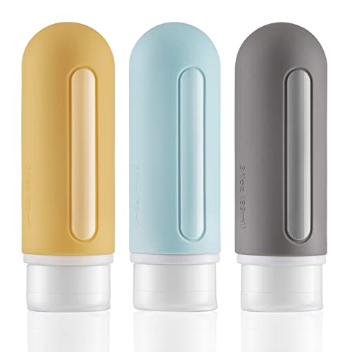 LISAPACK Travel Bottles 3oz, Squeeze Toiletry Container Leak Proof, Travel Size for Shampoo (3 Pack, Grey, Yellow, Blue)