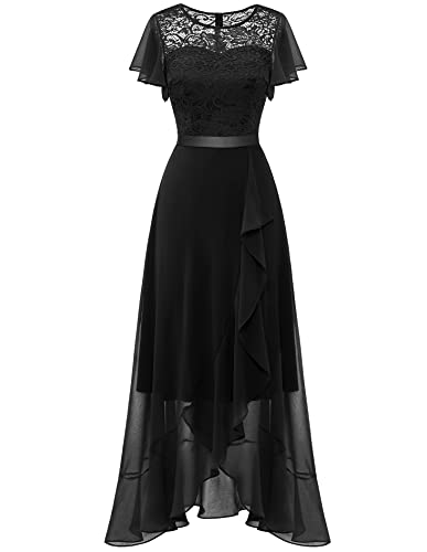 BeryLove Prom Dresses for Women Wedding Guest Ruffle Short Sleeve Elegant Cocktail Bridesmaid Party Dress High Waist Lace Long Formal Dress 7051 Black M
