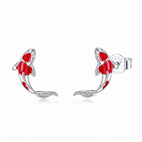 Rofeego Red and White Koi Fish Stud Earrings for Women Girls，S925 Sterling Silver Cute Exquisite Little Carp Gift for Birthday