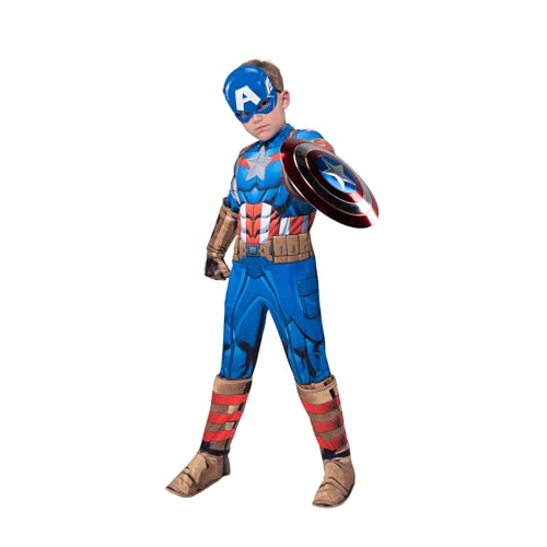 MARVEL Captain America Official Youth Deluxe Costume - Padded Jumpsuit with Gloves, Half Mask, and Shield, Medium