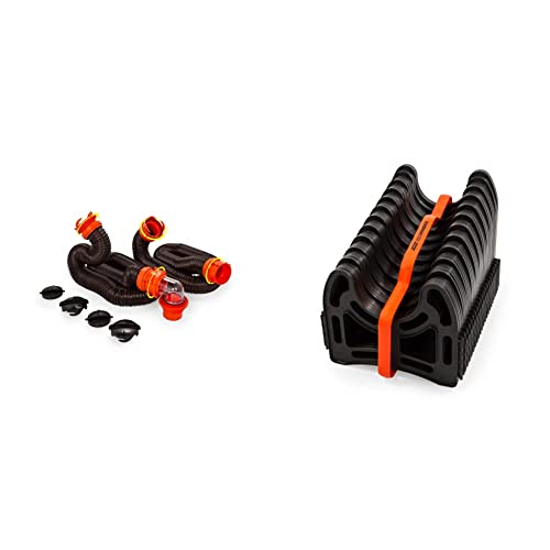 Camco 20' (39742) RhinoFLEX 20-Foot RV Sewer Hose Kit, Black, Brown & Sidewinder RV Sewer Support | Curve Around Obstacles and Won't Creep Closed | 20 Feet | Black